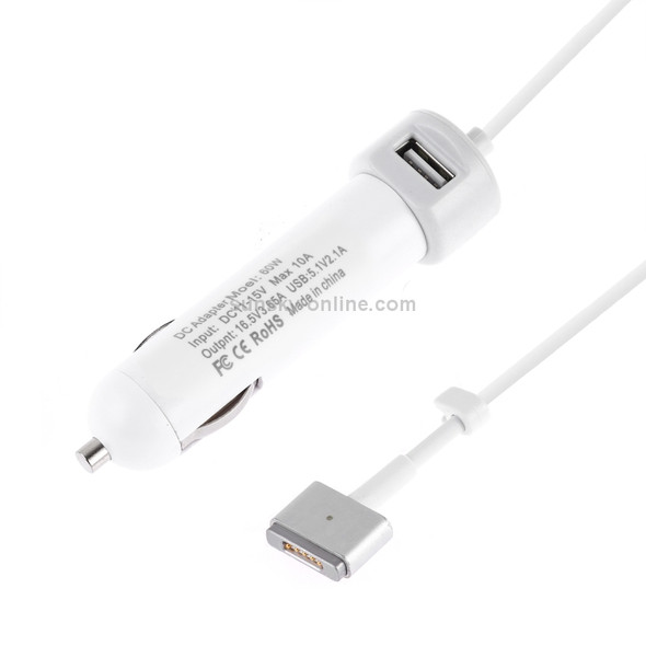 60W 5.1V 2.1A USB Interface Car Charger with 16.5V 3.65A T MagSafe 2 Interface Data Cable(White)