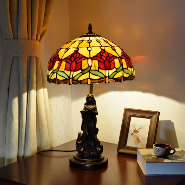 YWXLight European Retro Tulip Lighting Table Lamp Stained Glass Lampshade Bar Living Room Dining Room Bedroom Bedside Counter Lamp (UK Plug)