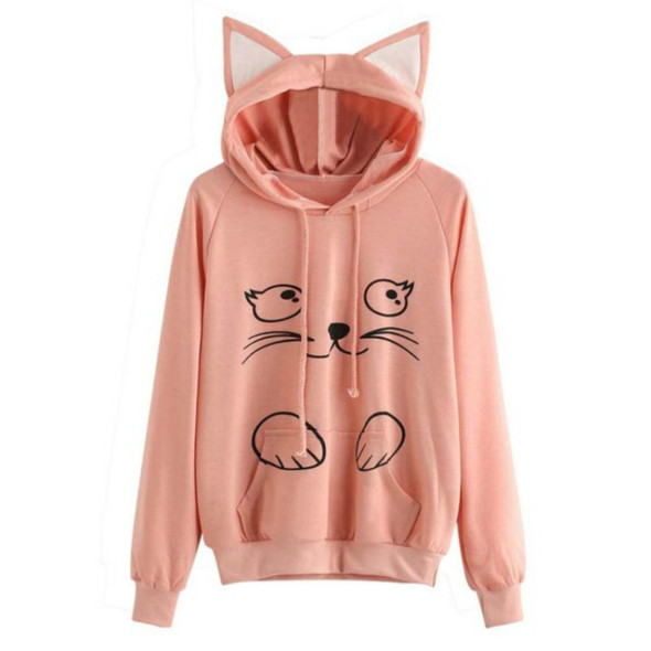 Solid Black Hooded Top Cute Cat Hoodie Warm Womens Sports Sweater, Size:XXL(Pink)