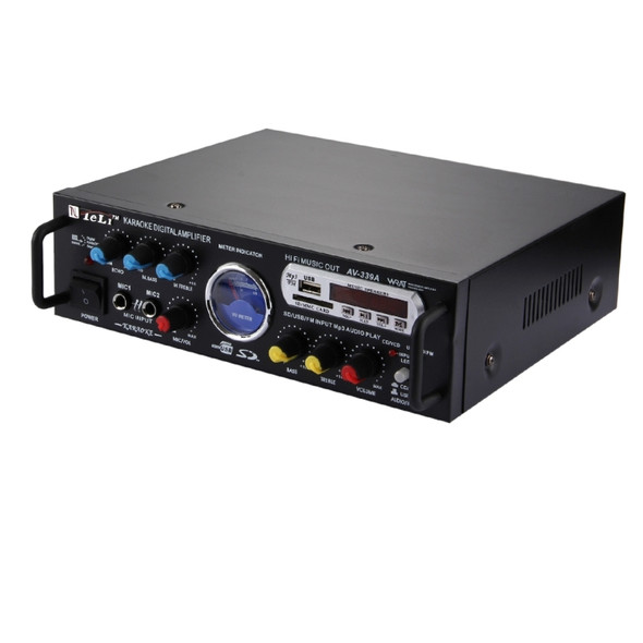 AV-339A 2CH HiFi Stereo Audio Amplifier with Remote Control, Support FM / SD / MP3 Player / USB / Display / Meter Indicator, AC 220V / DC 12V