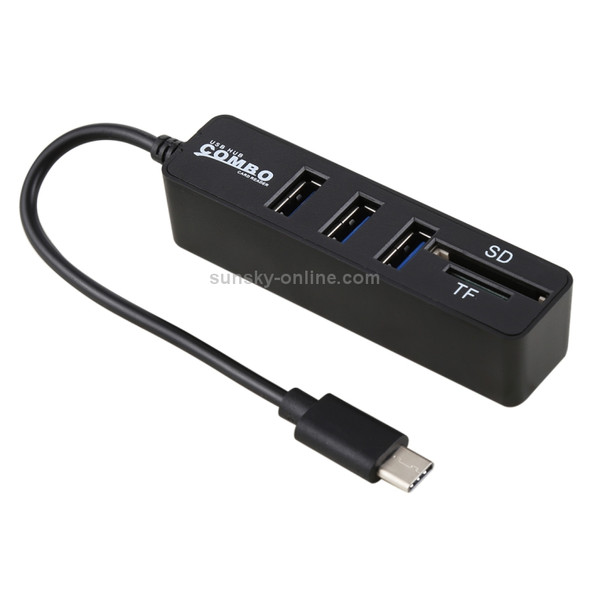 2 in 1 TF & SD Card Reader + 3 x USB Ports to USB-C / Type-C HUB Converter, Total Length: 24cm(Black)