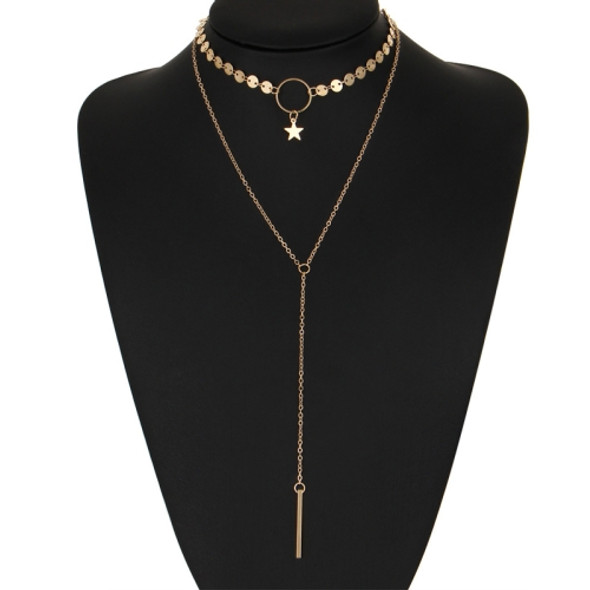 Simple Sexy Handmade Sequins Star Tassels Circle Clavicle Chain Long Pendant Double-layer Chain(Gold)