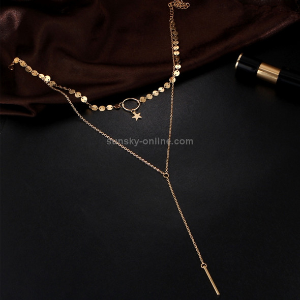 Simple Sexy Handmade Sequins Star Tassels Circle Clavicle Chain Long Pendant Double-layer Chain(Gold)
