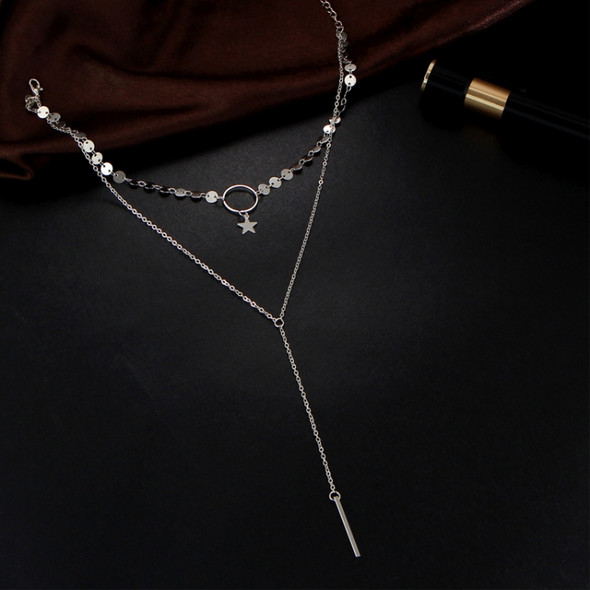 Simple Sexy Handmade Sequins Star Tassels Circle Clavicle Chain Long Pendant Double-layer Chain(Silver)