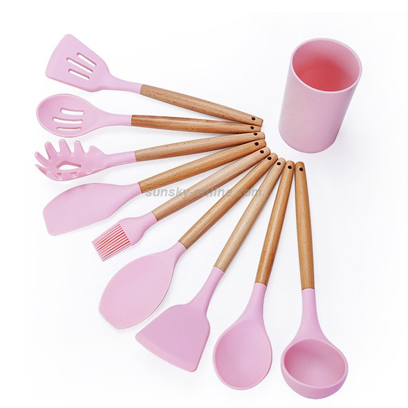 kn082 9 in 1 Wooden Handle Silicone Kitchen Tool Set with Storage Bucket(Pink)