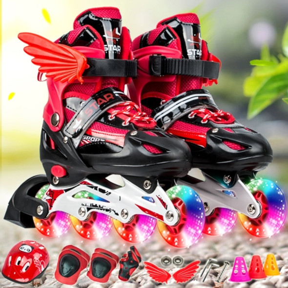 Adjustable Children Full Flash Single Four-wheel Roller Skates Skating Shoes Set, Size : M (Red)