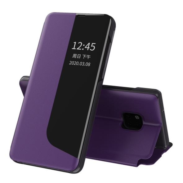 For Huawei Mate 20 Pro Side Display Shockproof Horizontal Flip Leather Case with Holder & Call Answering Function & Sleep / Wake-up(Purple)