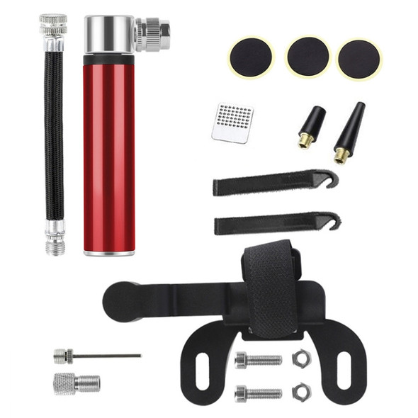 Manual Mini Portable Bicycle Aluminum Alloy Pump+ Glue-free Tire Patch + Fish-shaped Tire Lever (Red)