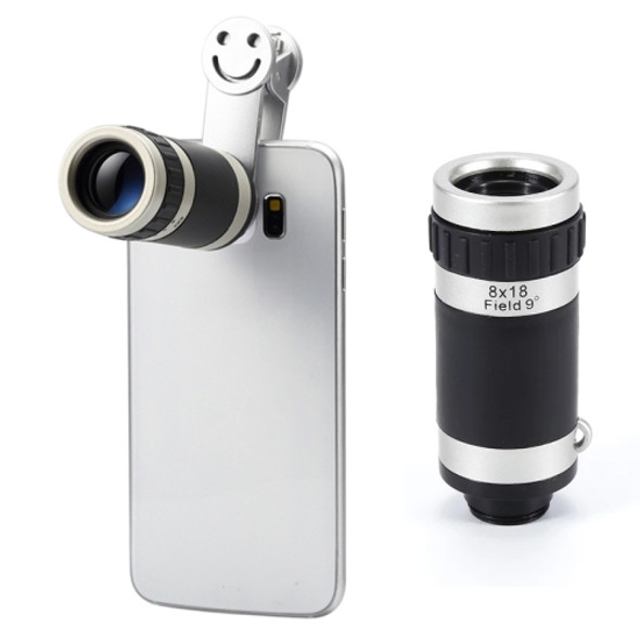 Universal 8x Zoom Telescope Telephoto Camera Lens with Smile Clip, For iPhone, Galaxy, Huawei, Xiaomi, Sony, LG, HTC, Google and other Smartphones(Silver)