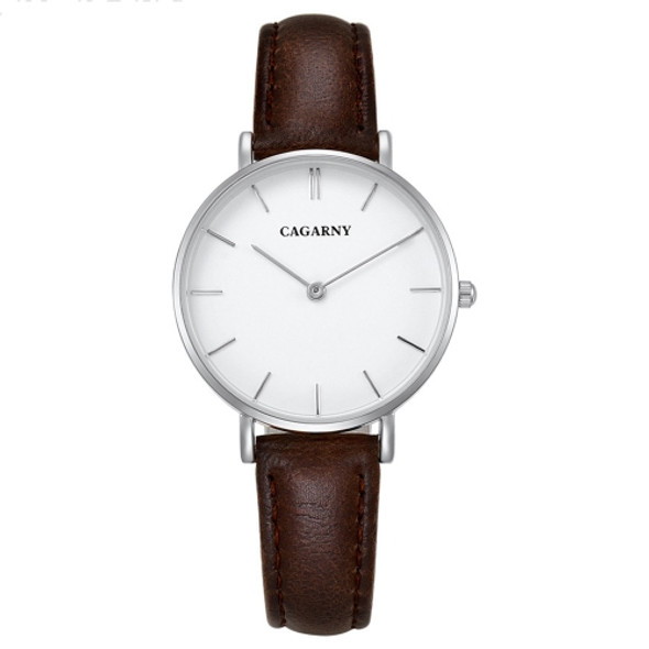 CAGARNY 6872 Living Waterproof Round Dial Quartz Movement Alloy Silver Case Fashion Watch Quartz Watches with Leather Band(Brown)