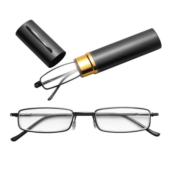 Reading Glasses Metal Spring Foot Portable Presbyopic Glasses with Tube Case +1.00D(Black )
