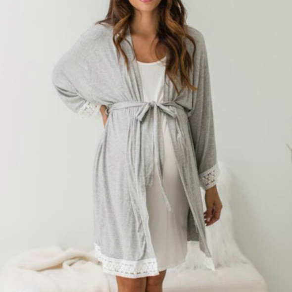 Solid Color Maternity Dress Lace Stitching Three-point Sleeves with Cardigan Breastfeeding Robes Pajamas, Size:L(Light Grey)