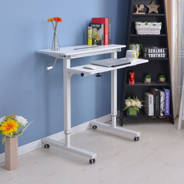 Dual Desktop Hand-Cranked Lifting Stand Office Computer Desk, Style:Without Reinforcing Bar(Pure White)