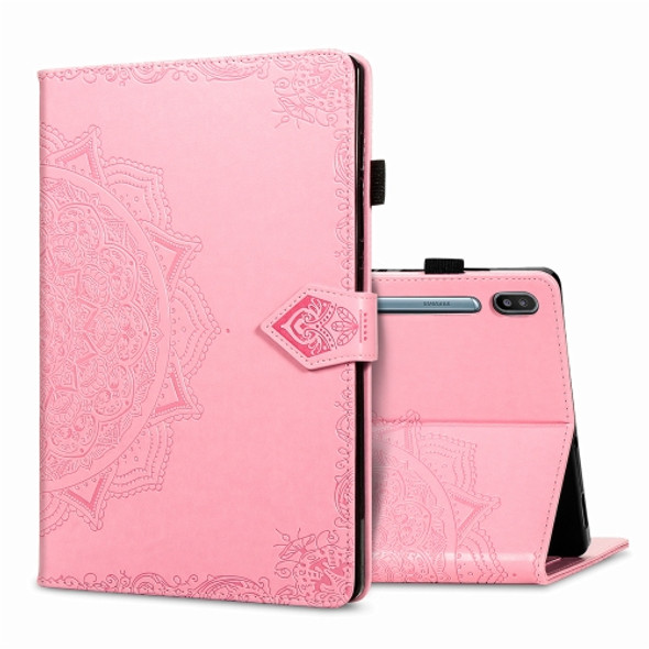 For Samsung Galaxy Tab S6 Halfway Mandala Embossing Pattern Horizontal Flip PU Leather Case with Card Slots & Holder & Pen Slot(Pink)