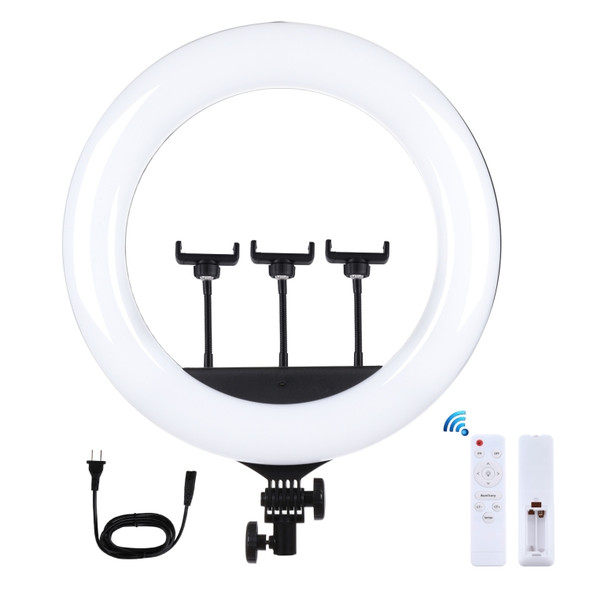 PULUZ 18 inch 46cm Curved Surface USB 3 Modes Dimmable White Light LED Ring Vlogging Photography Video Lights with Remote Control & 3 x Phone Clamps(US Plug)