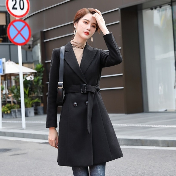 Suit Tie Waistband Waist Slit Windbreaker Trench Coat Long Cardigan Jacket (Color:Black Size:S)