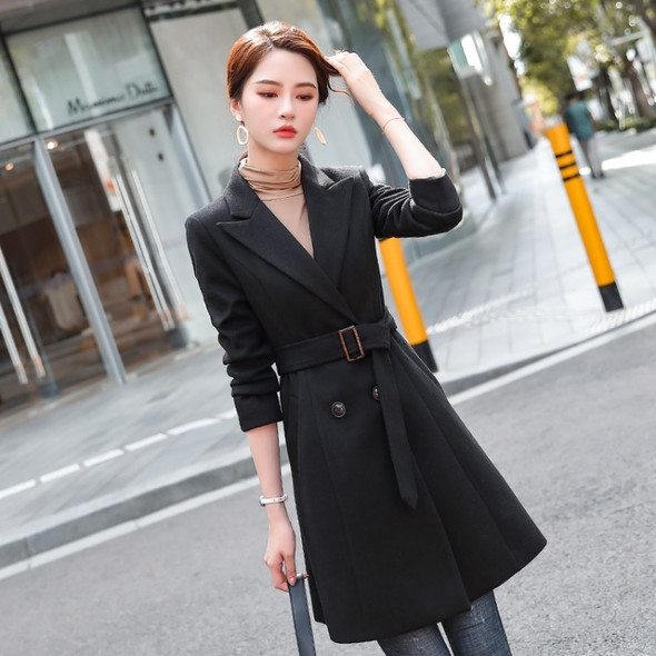 Suit Tie Waistband Waist Slit Windbreaker Trench Coat Long Cardigan Jacket (Color:Black Size:S)