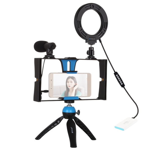 PULUZ 4 in 1 Vlogging Live Broadcast Smartphone Video Rig + 4.7 inch 12cm RGBW Ring LED Selfie Light + Microphone + Pocket Tripod Mount Kits with Cold Shoe Tripod Head(Blue)