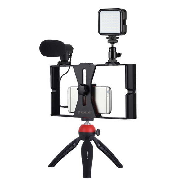 PULUZ 4 in 1 Vlogging Live Broadcast LED Selfie Fill Light Smartphone Video Rig Kits with Microphone + Tripod Mount + Cold Shoe Tripod Head for iPhone, Galaxy, Huawei, Xiaomi, HTC, LG, Google, and Other Smartphones(Red)