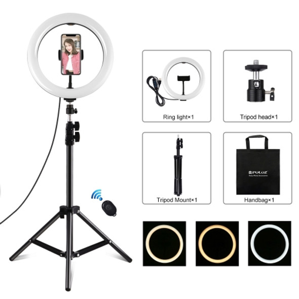 PULUZ 10.2 inch 26cm Ring Light + 1.1m Tripod Mount USB 3 Modes Dimmable Dual Color Temperature LED Curved Diffuse Light Vlogging Selfie Photography Video Lights with Phone Clamp & Selfie Remote Control(Black)