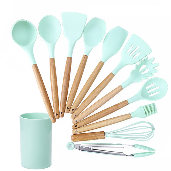 kn082 11 in 1 Wooden Handle Silicone Kitchen Tool Set with Storage Bucket(Green)