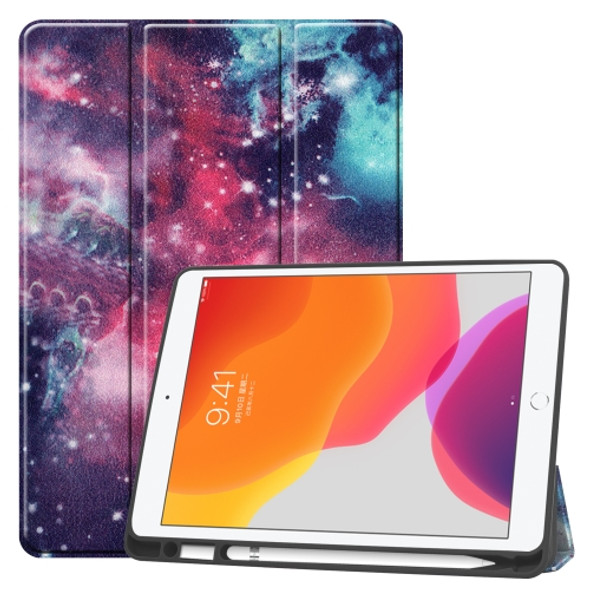 For iPad 10.2 TPU Colored Drawing Horizontal Flip Leather Case with Three-folding Holder & Sleep / Wake-up Function(Silver Nebula)