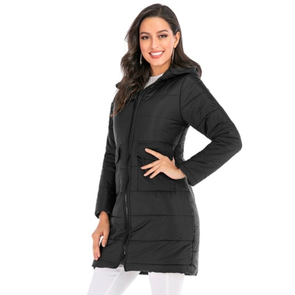 Women Long Hooded Cotton Jacket (Color:Black Size:XL)