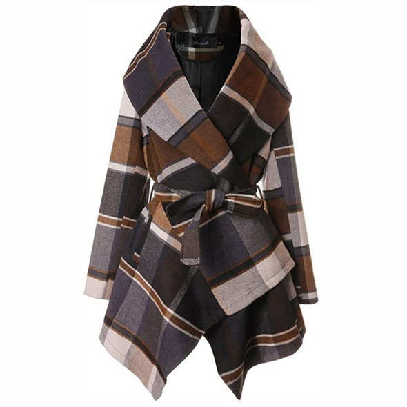 Checked Texture Color Matching Woolen Coat Mid-length Trench Coat Women (Color:Khaki Size:XXXXL)