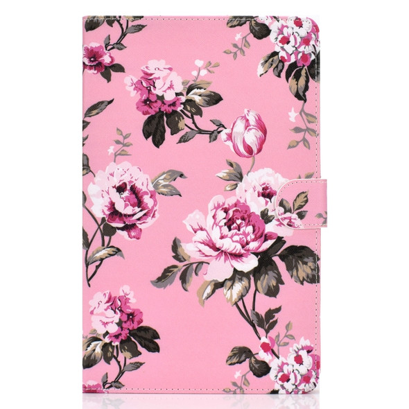 For Samsung Galaxy Tab A 10.5 T590/T595 Colored Drawing Pattern Horizontal Flip PU Leather Case with Holder & Card Slot(Pink Flowers)