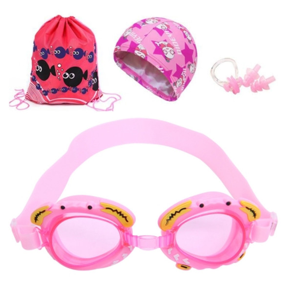 4 in 1 Cartoon Little Crab Waterproof and Anti-fog Silicone Swimming Goggles + Printed Pattern Swimming Cap + Nose Clip Earplugs + Storage Bag Swimming Equipment Set for Children(Pink Crab)