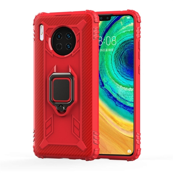 For Huawei Mate 30 Carbon Fiber Protective Case with 360 Degree Rotating Ring Holder(Red)