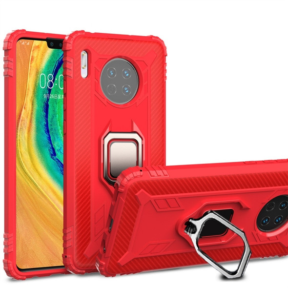 For Huawei Mate 30 Carbon Fiber Protective Case with 360 Degree Rotating Ring Holder(Red)