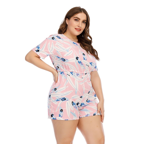 Round Neck Printed Short-sleeved Jumpsuits Comfortable Casual Home Wear (Color:Pink Size:XXL)