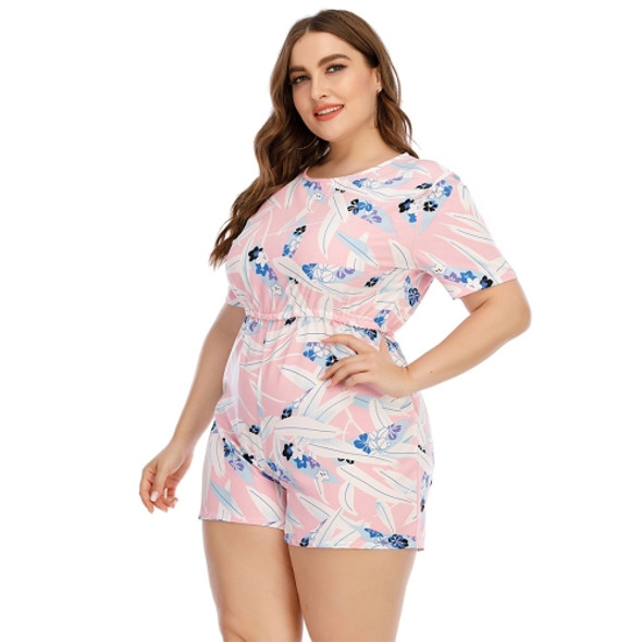 Round Neck Printed Short-sleeved Jumpsuits Comfortable Casual Home Wear (Color:Pink Size:XXXXXL)