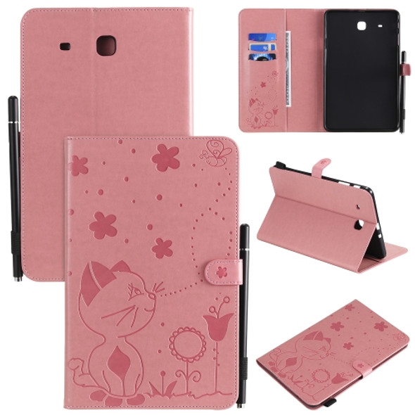 For Samsung Galaxy Tab E9.6 T560 Cat Bee Embossing Pattern Shockproof Table PC Protective Horizontal Flip Leather Case with Holder & Card Slots & Wallet & Pen Slot(Pink)