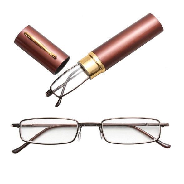 Reading Glasses Metal Spring Foot Portable Presbyopic Glasses with Tube Case +3.00D(Brown )