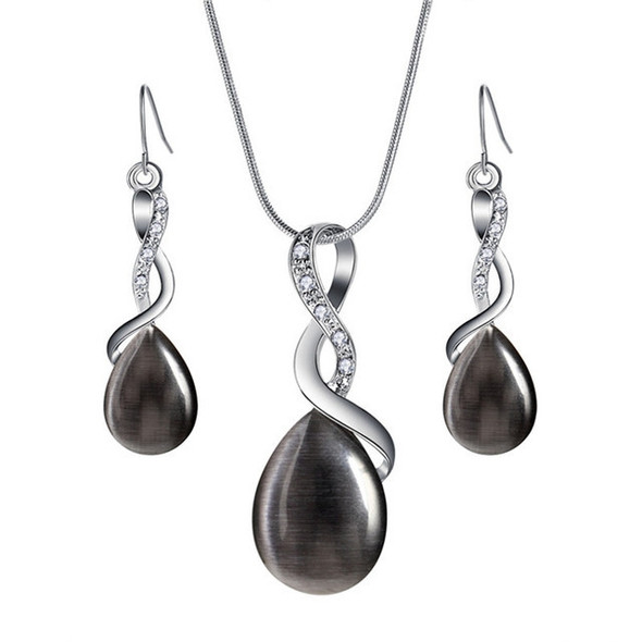 Women Fashion Opal Water Drop Necklace Pendant Earrings Bridal Wedding Jewelry Sets(Black)