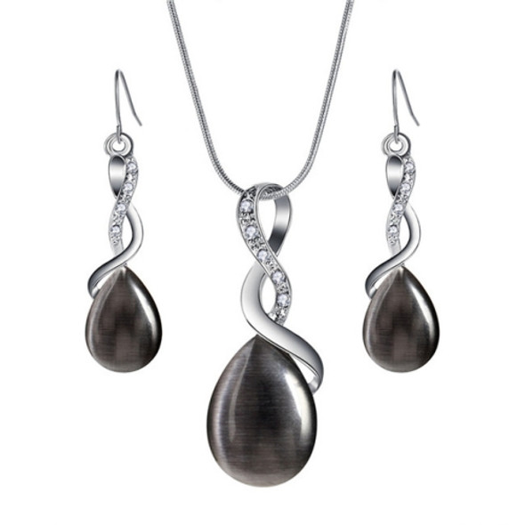 Women Fashion Opal Water Drop Necklace Pendant Earrings Bridal Wedding Jewelry Sets(Black)