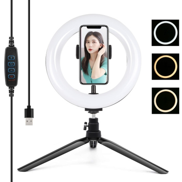 PULUZ 7.9 inch 20cm Light + Desktop Tripod Mount USB 3 Modes Dimmable Dual Color Temperature LED Curved Light Ring Vlogging Selfie Photography Video Lights with Phone Clamp(Black)