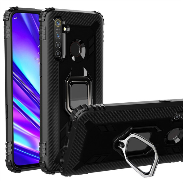For OPPO Realme 5 Pro Carbon Fiber Protective Case with 360 Degree Rotating Ring Holder(Black)
