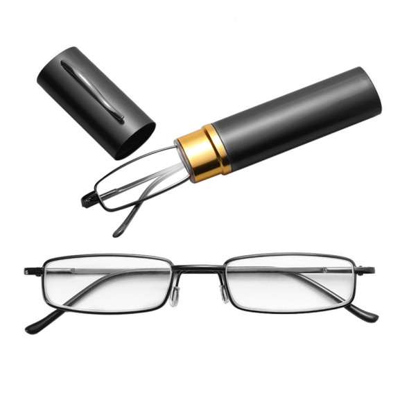 Reading Glasses Metal Spring Foot Portable Presbyopic Glasses with Tube Case +3.50D(Black )