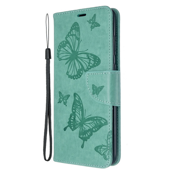 For Galaxy S20+ Embossing Two Butterflies Pattern Horizontal Flip PU Leather Case with Holder & Card Slot & Wallet & Lanyard(Green)