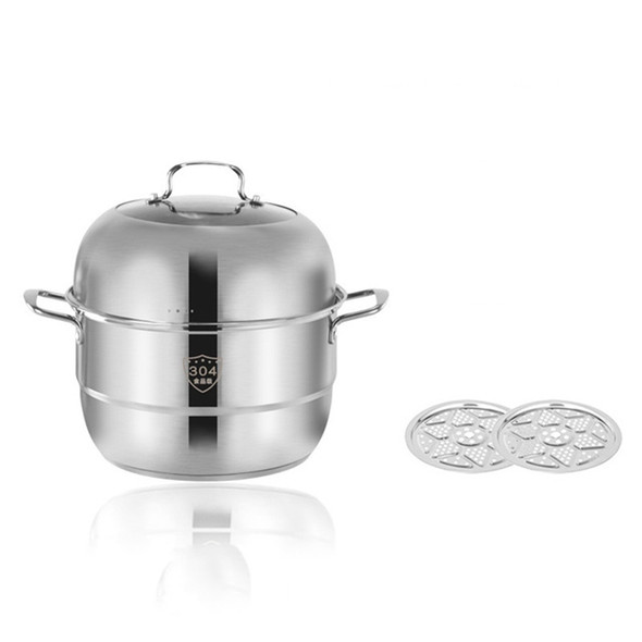 Household Stainless Steel Three-layer Double Bottom Multi-function Steamed Bun Steamer, Size:28cm, Style:Double Layers (Solid Ears)