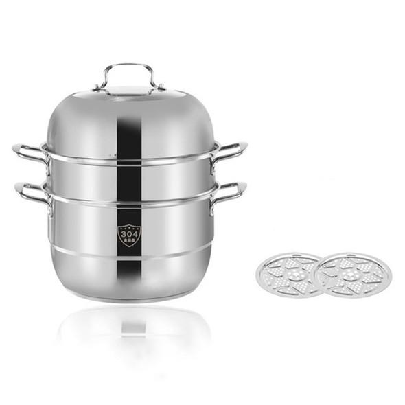 Household Stainless Steel Three-layer Double Bottom Multi-function Steamed Bun Steamer, Size:28cm, Style:Three Layers (Solid Ears)