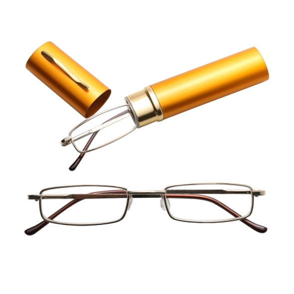 Reading Glasses Metal Spring Foot Portable Presbyopic Glasses with Tube Case +3.50D(Yellow )