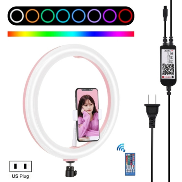 PULUZ 12 inch RGB Dimmable LED Ring Vlogging Selfie Photography Video Lights with Cold Shoe Tripod Ball Head & Phone Clamp (Pink)(US Plug)