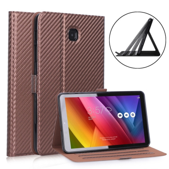 For Samsung Galaxy Tab A 8.0 (2018) T387 Ultra-thin Carbon Fiber Horizontal Flip PU Leather Case with 3-level Holder(Brown)