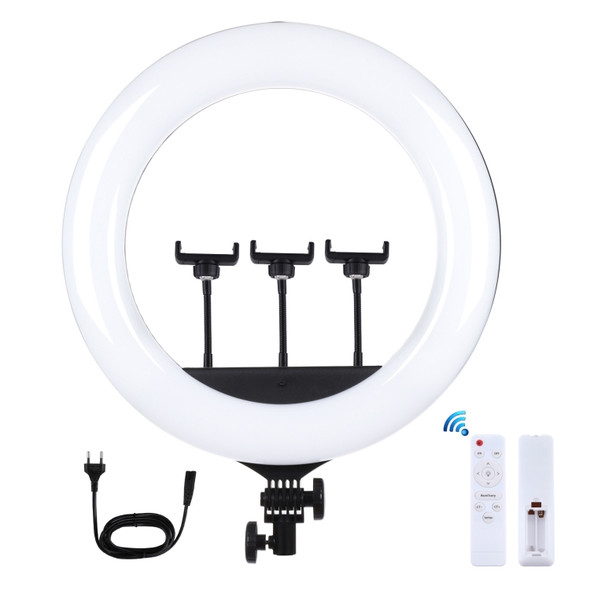 PULUZ 18 inch 46cm Curved Surface USB 3 Modes Dimmable White Light LED Ring Vlogging Photography Video Lights with Remote Control & 3 x Phone Clamps(EU Plug)