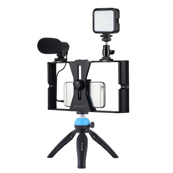 PULUZ 4 in 1 Vlogging Live Broadcast LED Selfie Fill Light Smartphone Video Rig Kits with Microphone + Tripod Mount + Cold Shoe Tripod Head for iPhone, Galaxy, Huawei, Xiaomi, HTC, LG, Google, and Other Smartphones (Blue)