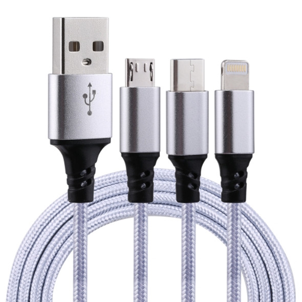 2A 1.2m 3 in 1 USB to 8 Pin & USB-C / Type-C & Micro USB Nylon Weave Charging Cable, For iPhone / iPad / Galaxy / Huawei / Xiaomi / LG / HTC / Meizu and Other Smart Phones(Silver)